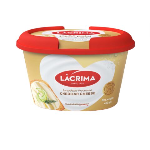 Lacrima cheddar taste processed cheese in 400g oval container with red lid.