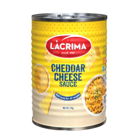 Lacrima cheddar cheese sauce 1kg yellow can for cooking and catering.