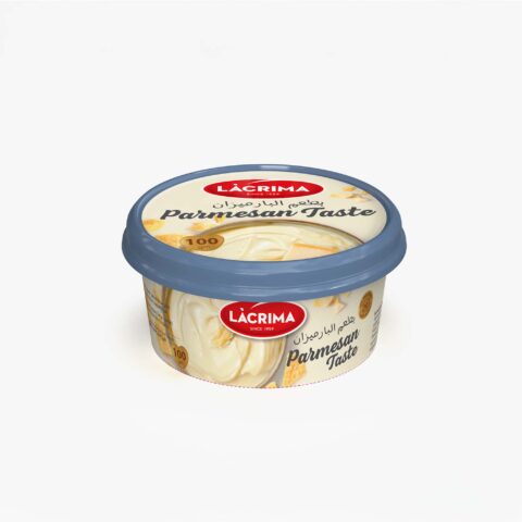 Lacrima 100g parmesan taste spreadable cheese in beige round cup.