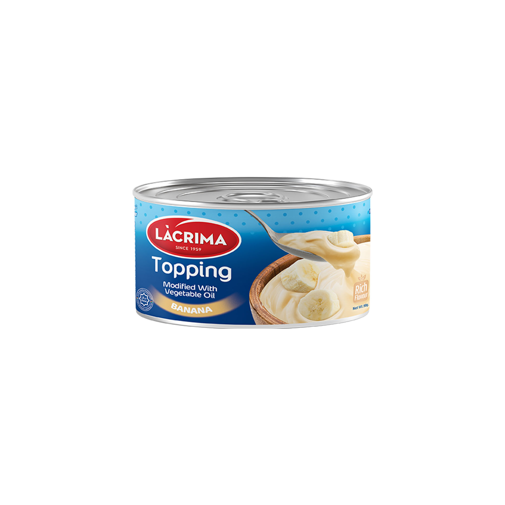 Lacrima banana topping cream 200g can for desserts.